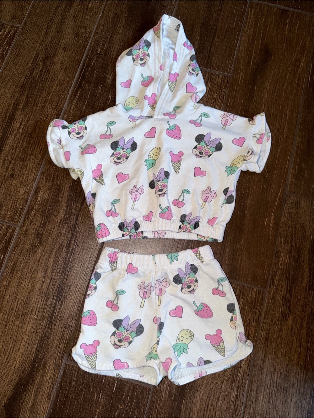 Disney Girls White Pink Green Minnie Mouse Hooded Matching Set